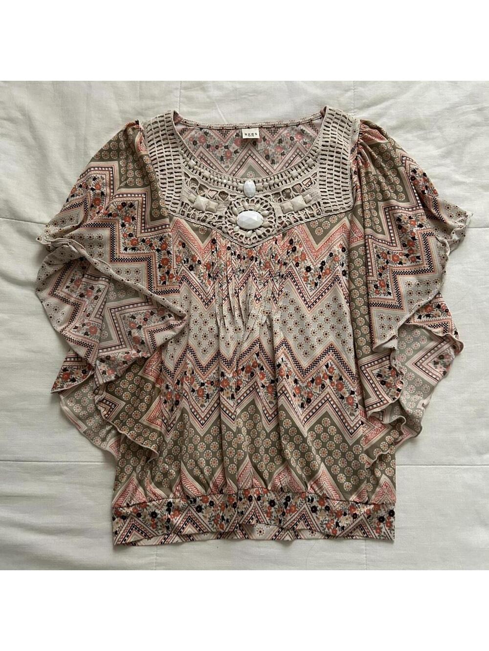 Axes Femme pink and cream boho patterned blouse with beaded bib details
